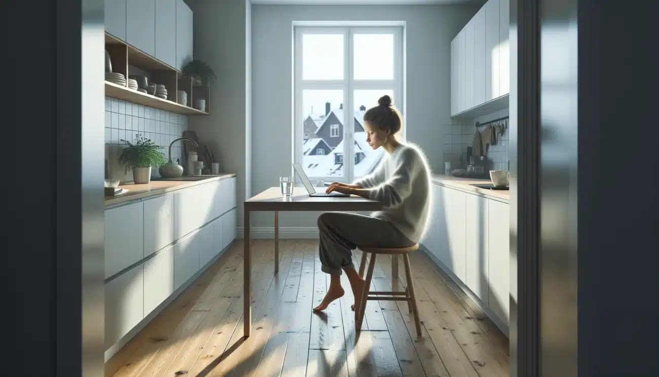 Norsk kvinne jobber fokusert ved kj kkenbord mens hun faster med kaffe og vann