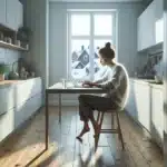 Norsk kvinne jobber fokusert ved kj kkenbord mens hun faster med kaffe og vann