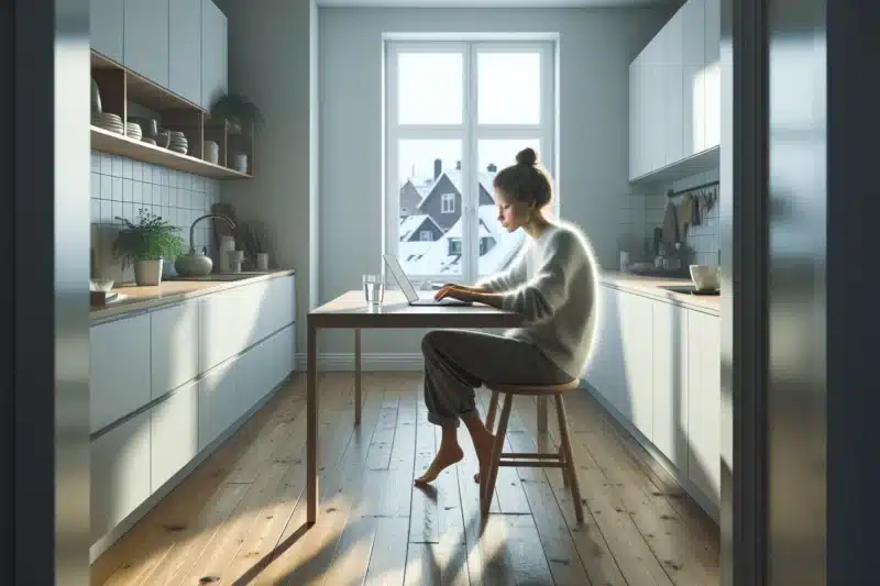 Norsk kvinne jobber fokusert ved kj kkenbord mens hun faster med kaffe og vann