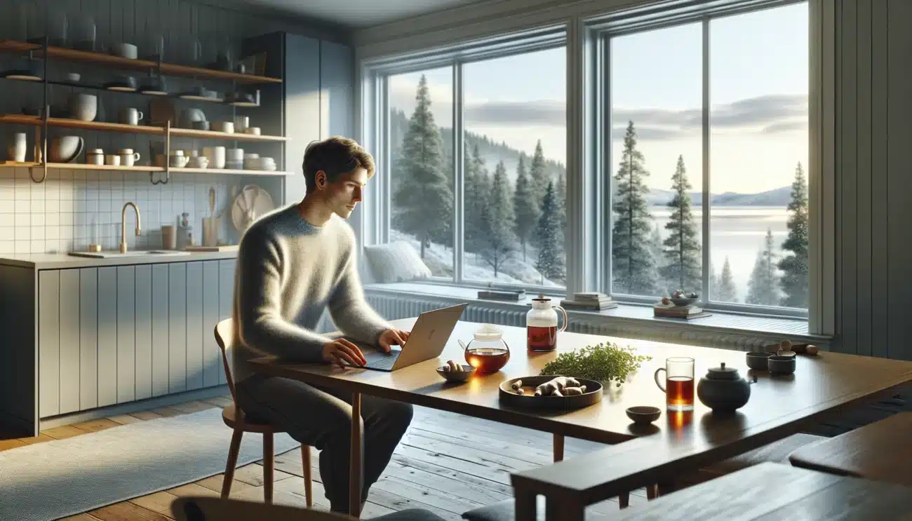 Norwegian adult enjoying herbal tea and natural energy drinks instead of coffee