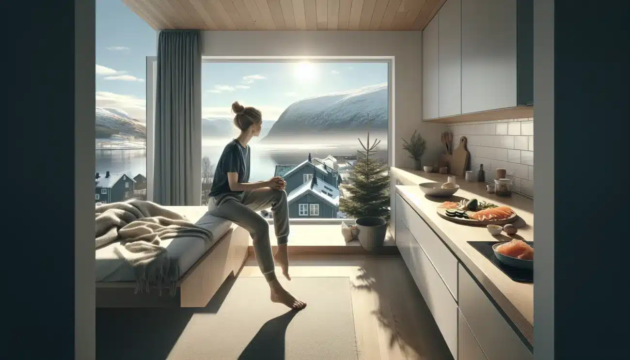 Norwegian couple waking eating healthy breakfast and walking briskly on a clear morning
