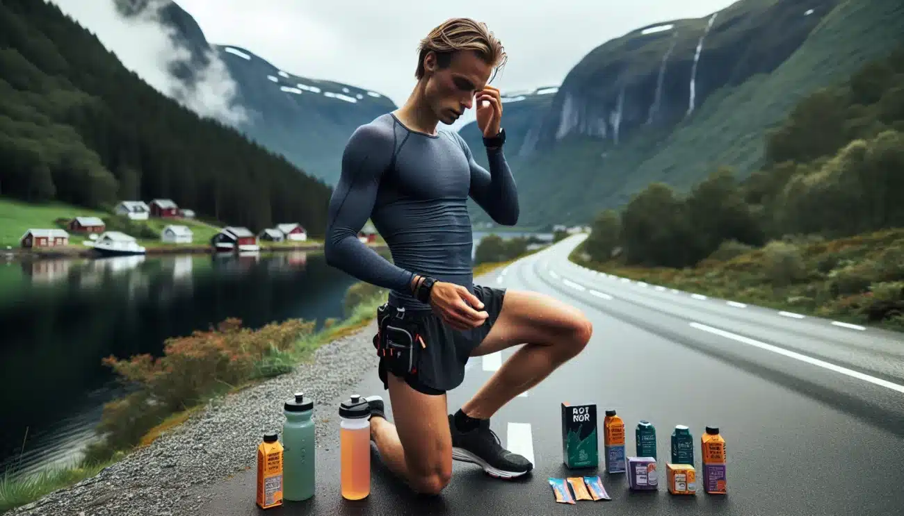 Norwegian long distance runner by a fjord checking energy gels and sports drink