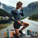 Norwegian long distance runner by a fjord checking energy gels and sports drink