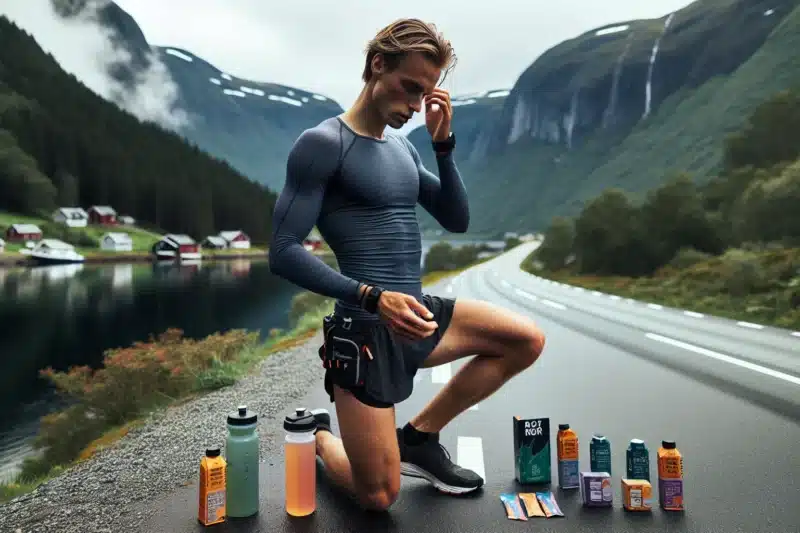Norwegian long distance runner by a fjord checking energy gels and sports drink