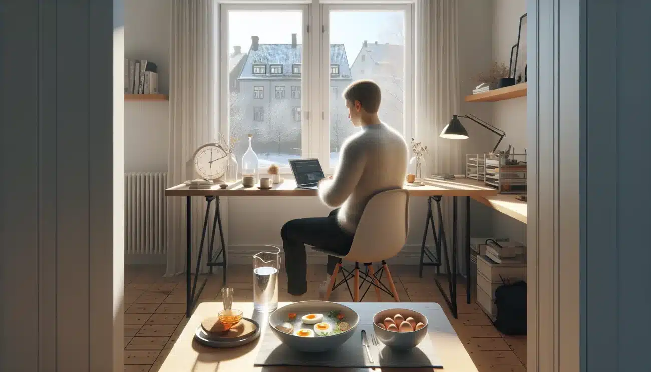 Norwegian office worker fasting shown both focused and fatigued at a home desk