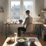 Norwegian office worker fasting shown both focused and fatigued at a home desk