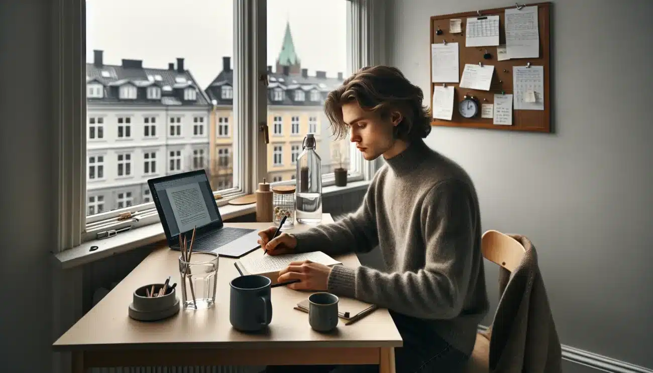 Norwegian student studying at a bright desk with coffee water and supplements