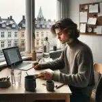Norwegian student studying at a bright desk with coffee water and supplements
