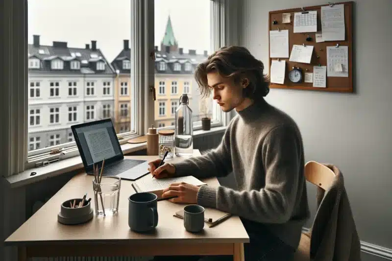 Norwegian student studying at a bright desk with coffee water and supplements
