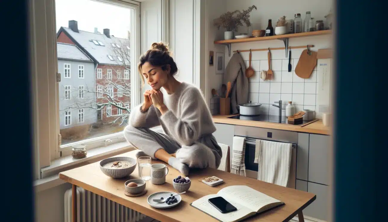 Norwegian woman enjoying a calm energizing morning with daylight water and breakfast