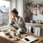 Norwegian woman enjoying a calm energizing morning with daylight water and breakfast