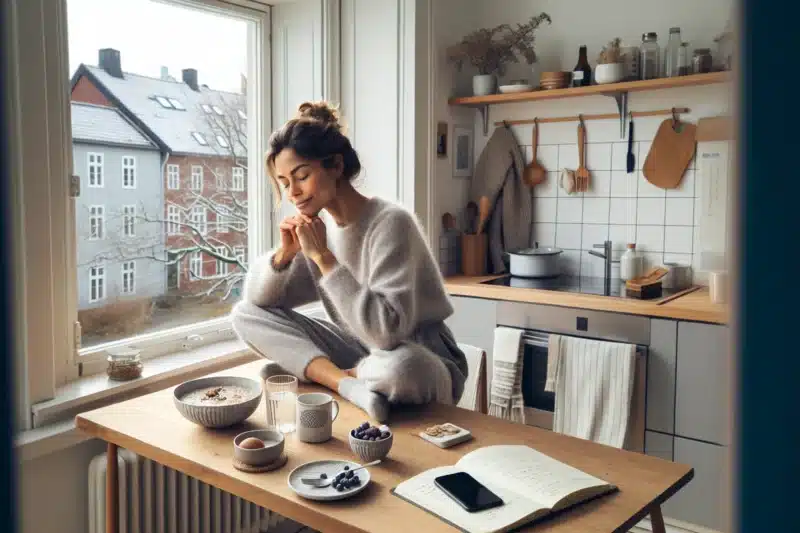 Norwegian woman enjoying a calm energizing morning with daylight water and breakfast