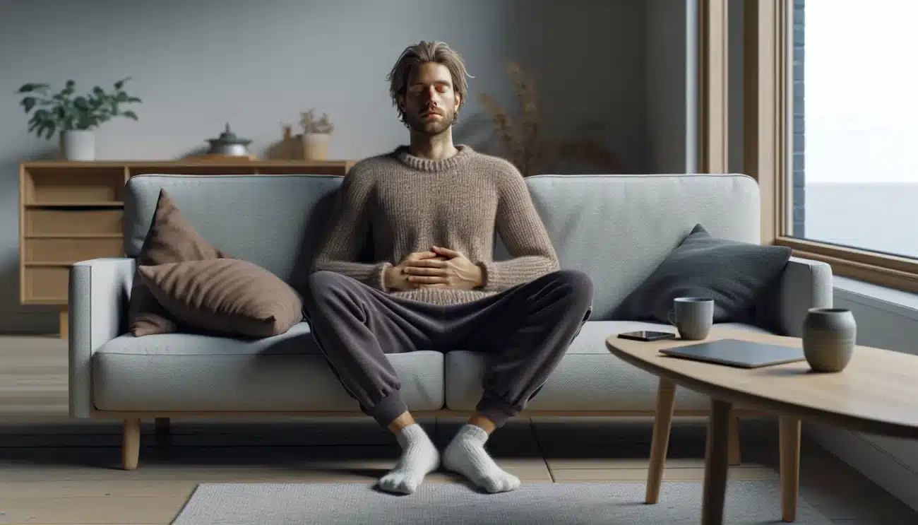 Tired norwegian adult on sofa practicing deep breathing to recover from stress