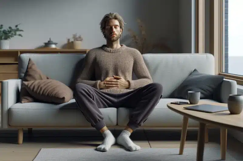 Tired norwegian adult on sofa practicing deep breathing to recover from stress