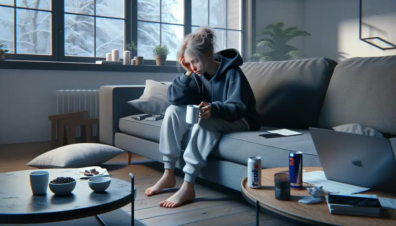 Utmattet norsk kvinne pa sofa med skjerm og kaffe seng og rolig soverom bak