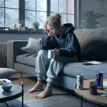 Utmattet norsk kvinne pa sofa med skjerm og kaffe seng og rolig soverom bak