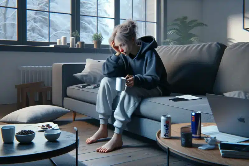 Utmattet norsk kvinne pa sofa med skjerm og kaffe seng og rolig soverom bak